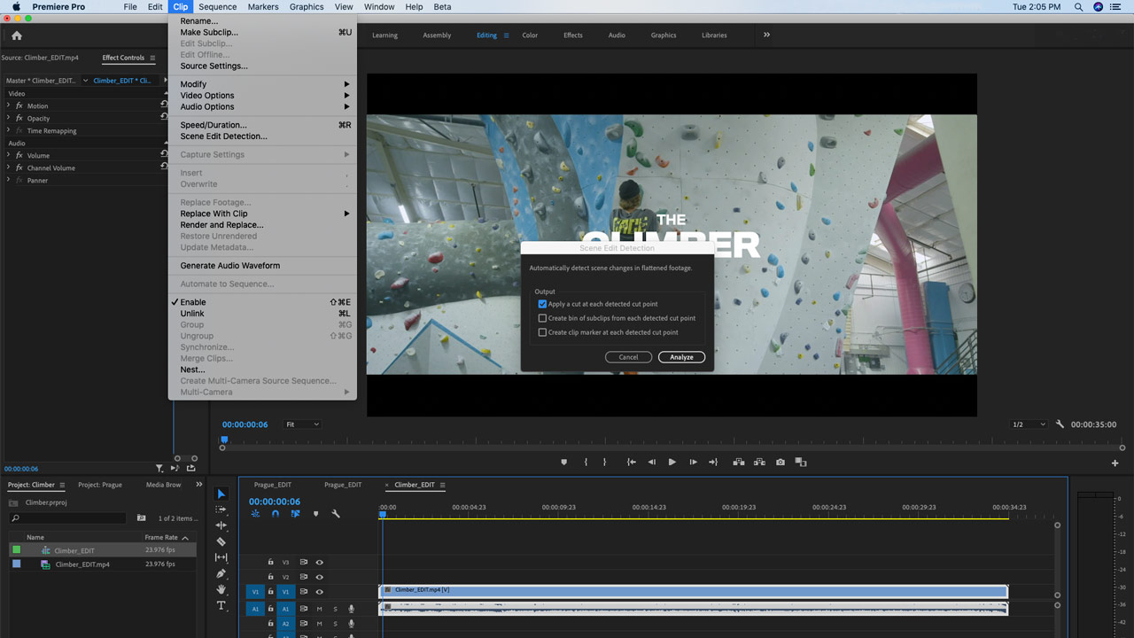 Adobe PremierePro SceneEditDetection MenuAndDialog