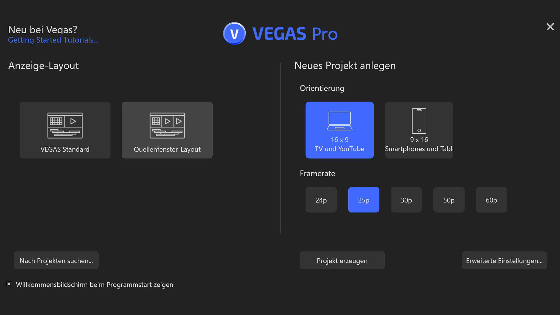 01 Vegas Pro 20 Start Dialog web